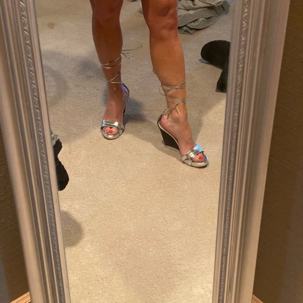 Jimmy Choo Silver Metallic Wedge Heel.